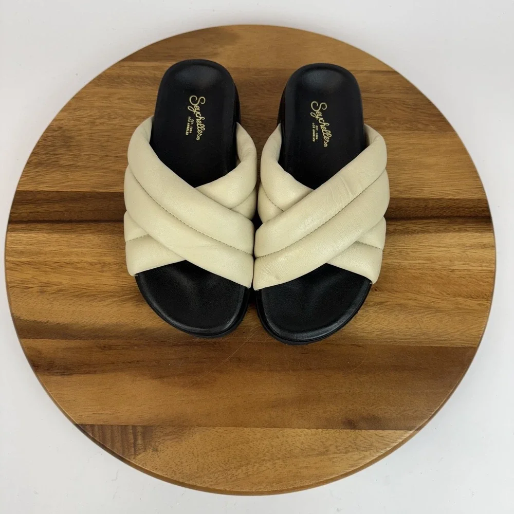 Womens Seychelles Driving Force‎ Ivory Leather Crisscross Platform Slides Size 6